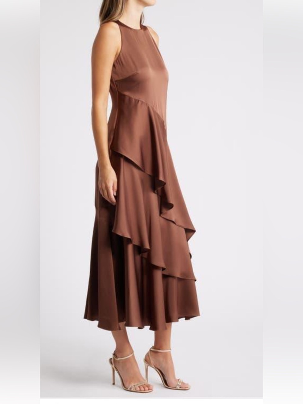 Parker Brown Asymmetrical Ruffle Midi Dress Sz 10